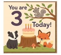 You are 3 Today Woodland Animals 3rd Birthday Card - Fox, Badger, Squirrel and Cake - Cute Kids Birthday Card for Age 3