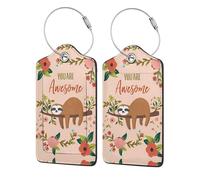 You are Awesome Sloth Patterned Leather Luggage Tag with Name Id Tag and Stainless Steel Ring for Women Men Luggage Handbags 1 Pcs
