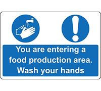 You are entering a food production area Wash your hands Safety sign - Self adhesive sticker (300mm x 200mm)