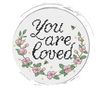 You are Loved Cross Stitch Kit with DMC Threads & Fabric, Floral Wreath Love Embroidery Pattern, 6 inch Hoop Design, Inspirational Mental Health Day