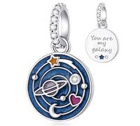 You Are My Galaxy Pendant Space Universe Charms, 925 Sterling Silver Solar System Star Moon Planet Blue Enamel CZ Dangle Beads, fits Pandora Valentines Day Bracelet, Gift for Wife/Couple