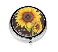 You are My Sunshine Sunflower Pill Box Metal Round Small Pill Case Cute 3 Compartment Pill Organizer Portable Travel Pillbox Mini Pill Container Holder for Daily Medicine Supplement Vitamin