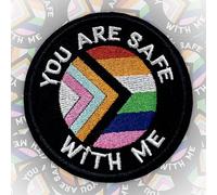 You Are Safe With Me Patch 3 Inches Rainbow Pride, Trans flag LGBTQ Pride Ally Iron On/Sew On Embroidery Fabric Applique Patches for Trucker Hats Clothes Backpack DIY Accessories Coworker Friend Gifts