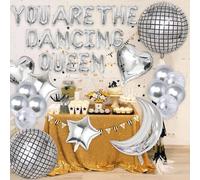 You are the Dancing Queen Decoration 18 Pcs Disco Foil Balloons Kit,You are the Dancing Queen Banner Silver 22 inch Mirror Metallic Balloons Moon Love Star Foil Balloon for Disco Party Supplies