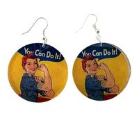 YOU CAN DO IT - Rosie the Riveter Themed Vintage Dangle Earrings, Feminist, Motivational, Resist Dangle Earrings, Round Disc Design, Yellow and Blue
