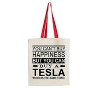 You Can't Buy Happiness, But You Can Buy A Tesla Christmas, Birthday, Friendship Day Shoulder Bag Shopping Shoppers Tote Bag Tote Bag Cotton Shopping Bag. (Red Handle)