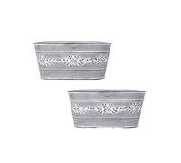 YouGarden Pair of Leaf Vine Tin Trough Planters in Grey, Perfect for your garden plants