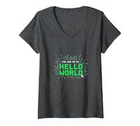You Had Me at Hello World - Retro Coder Tech V-Neck T-Shirt, Women, Dark Heather Grey, S