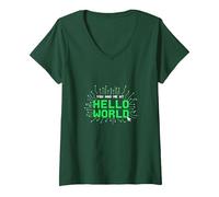 You Had Me at Hello World - Retro Coder Tech V-Neck T-Shirt, Women, Forest Green, M