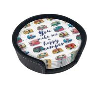 You Make Me Happy Camper Trailer Coasters For Drinks, 6 Pcs Leather Coaster With Holder, Round Cup Mat Pad Set For Home And Kitchen 3.9 Inches