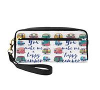 You Make Me Happy Camper Trailer Double-Sided Printed Leather Portable Makeup Pouch-Multi-Purpose Cosmetic Bag, Pencil Case and Organizer for Women