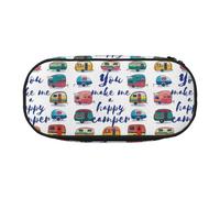 You Make Me Happy Camper Trailer Double Zipper Pencil Case Makeup Bag,Large Capacity Crush-Resistant Polyester Organizer With 4 Pen Slots And Mesh Pocket For School Office Travel (Full Print Design)