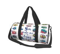 You Make Me Happy Camper Trailer Large Round Travel Duffle Bag, Full-Print Canvas Weekender with Padded Lining, Multiple Pockets,Detachable Shoulder Strap and Soft Leather Handles