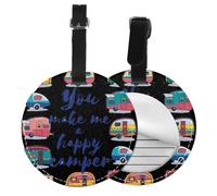 You Make Me Happy Camper Trailer Print Luggage Tag Round Leather Luggage Tag Easy Identification & Privacy Protection for Suitcases Easy to Identify Privacy Cover Id Label