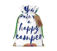 (You Make Me Happy Camper Trailer) Printed Christmas M Size Gift Bags with Green Ribbon Drawstring Candy Bags for Kids Xmas Holiday Christmas Eve Presents
