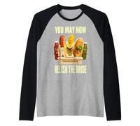 You May Now Relish The Bride Funny Hot Dog Wedding Food Pun Raglan Baseball Tee
