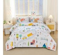 YOU SA 5Pcs Car Comforter Set for Kids Queen Cute Bedding Set for Boys Cartoon Vehicles Bed in a Bag, White