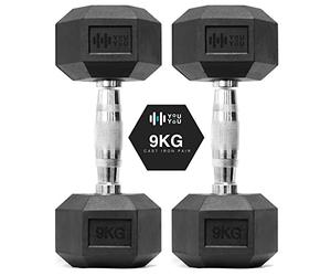 You vs You Hex Dumbbells Weights Pair for Home Exercise | 9kg Set of 2 Hexagonal Weight Rubber Encased for Home Fitness Gym Workouts Training Muscle Building & Conditioning | Unisex | Strength Fitness