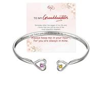 You Will Always Be My Granddaughter Double Heart Style Engraved Bracelet, Personalized Birthstone Custom Cuff Bracelet, Granddaughter Gifts from Grandma for Christmas Birthday