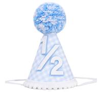 YOUAME Boys Half Birthday Party Hat -Baby Blue Gingham Party Hat, 1/2 Way To One Cake Smash Decorations, Baby Shower Photo Shot Props, Half Way Birthday Headwear Decors