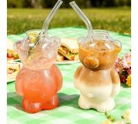 Youany 2025 New Bear Glass Cup | 2pcs Cute Bear Shaped Glass Cup with Straw | Christmas Clear Coffee Mug | for Coffee Beer Wine Cocktail Drinks Glassware