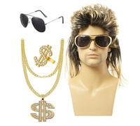 Youany 70s 80s Mullet Wig, Disco Hippie Wig 4 /Set Mullet Wig for Men, with Sunglasses Necklace, Dollar Sign Ring Disco Hippie Costume Hippie Accessories