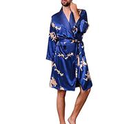 YOUCAI Men Silk Nightgown Shorts Two-piece Suit Summer Thin Low-key Luxury Print Home Sleepwear Large Size Robes Bathrobe V-neck Design,Show Charming Neck,Blue,L