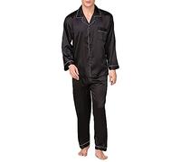 YOUCAI Pajamas Set Mens Silk Satin Pajamas Long Sleeve Loungewear Long Sleeve Top Button-Down Design & Trousers Simple And Natural Spring And Summer Plus Size Loungewear,Black,3XL