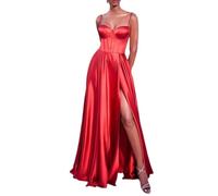 YOUCAI Women's A Line Spaghetti Straps Long Asymmetry Prom Dress with Slit Solid Color Sleeveless Evening Gown Ball Wedding Bridesmaid Dress,Red,S