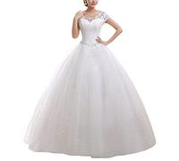 YOUCAI Women's Tulle Appliques Round-Neck Long Wedding Dress Empire Waist Lace Elegant Maxi A Line Bride Dress,White,UK6