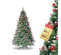 YOUDENOVA 150cm Artificial Christmas Tree with Snow, Pine Cones & Holly, Foldable Xmas Tree, Quick Assembly, Realistic Snowy Fir Decoration
