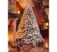 YOUDENOVA 5Ft Christmas Tree Snowy Flocked with Warm White & Multicolour | Pre-Lit Artificial Christmas Tree with 11 Modes, 8cm Wide Bushy Branches, Xmas Tree with Snow for Indoor & Outdoor