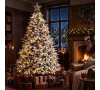 YOUDENOVA 7ft Christmas Tree Snow Flocked with Warm White & Multicolour | Pre-Lit Artificial Tree, 8cm Wide 1290 PE/PVC Branch Tips, 11 Modes & 3 Timers, Bushy Xmas Tree with Storage Bag