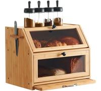 YOUDENOVA Double Decker Bread Box with Cutting Board, Extra Large 2-Layer Bamboo Storage Box with Clear Windows for Bread, Salt and Pepper Mill, 39x26x32,5(LxBxH) cm, Natural