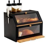 YOUDENOVA Double Decker Bread Box with Knife Block & Cutting Board, Extra Large 2-Layer Bamboo Storage Box with Clear Windows for Bread, Salt and Pepper Mill, 39x26x32,5(LxBxH) cm, Black
