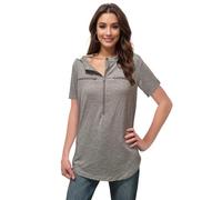 Youdiao Chemo Port Shirts for Women Short Sleeve Post-Surgery Recovery with 2 Side Snaps Dual Zipper Dialysis Cancer Clothing, Grey, L