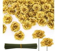 YOUEON 100 Pcs Gold Artificial Rose Heads with Stems, 9 cm Silk Rose Faux Flower Heads Bulk for DIY Wedding Bouquets, Party Table Centerpieces, Home Decor, Craft Floral Arrangements