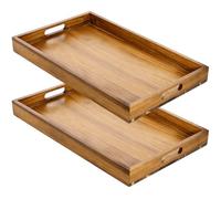 YOUEON 2 Pack 44x30cm Acacia Wood Serving Tray with Handles, Large Wooden Tray for Ottoman, Breakfast in Bed, Dinner, Coffee Table, Perfect for Living Room, Bedroom & Kitchen