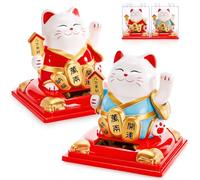 Youeon 2 Pack Lucky Cat Waving Arm, Small Solar Waving Cat, Vivid and Cute Beckoning & Welcoming Cats, Maneki Neko as Good Luck Decor for Home, Office, Car, Store, Restaurant