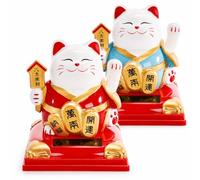 Youeon 2 Pack Lucky Cat Waving Arm, Small Solar Waving Cat, Vivid and Cute Beckoning & Welcoming Cats, Maneki Neko as Good Luck Decor for Home, Office, Car, Store, Restaurant