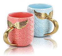 YOUEON 2 Pack Mermaid Coffee Mug with Gold Tail Handle 400ml Ceramic Coffee Mugs Set for Couple Porcelain Mug with Handle for Coffee Milk Cereal Novelty Mug as Christmas Birthday Gift Pink and Blue