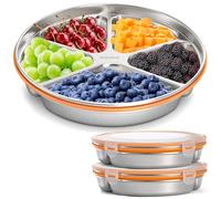 YOUEON 2 Pack Stainless Steel Divided Serving Tray with Lid, 5 Compartments Round Veggie Tray Snack Box, Reusable Sectioned Food Storage Container for Meal Prep, Party, Entertaining