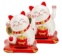 YOUEON 2 Pcs Lucky Cat Waving Arm, Small Solar Waving Cat, Cute White Beckoning Cat Welcoming Cat, Maneki Neko as Good Luck Decor for Home, Office, Car, Stores, Restaurants