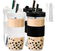 YOUEON 4 Pack 24 Oz/700 ml Reusable Boba Cups with Lids and Straw, Iced Coffee Cups Glass Smoothie Cups, Mason Jar Cup with Silicone Sleeve, BPA Free, Dishwasher Safe, 2 Colors