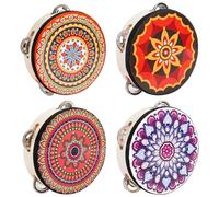 YOUEON 4 Pack 6 Inch Colorful Tambourine with Single Row Jingles and Ribbons, Small Wooden Hand Held Drum, Percussion Gift, Tambourines for Adults, Dance, Photo Prop