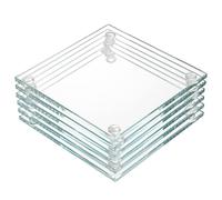 YOUEON Set of 6 Glass Drink Coaster Set, 9 cm Crystal Clear Square Tabletop Protection Mat, Decorative Glass Plates for Mugs, Cups, Dining Tables, Office, Kitchen, Home Decor and Parties