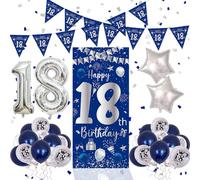 Youerls 18th Birthday Decorations for Boys Girls - Blue & Silver, Happy 18th Birthday Banners, Balloons, Backdrop, Door Banner, Triangle Flag, Confetti Balloons