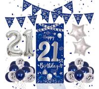 Youerls 21st Birthday Decorations for Him Her Blue, Happy 21st Birthday Banner, Balloons, Door Backdrop, Triangle Flag, Party Supplies
