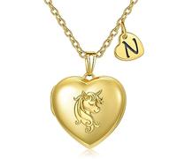 YOUFENG Heart Letter Unicorn Locket Necklace Initial Locket that Holds Pictures 18K Gold Plated Locket Birthday Gifts, Stainless Steel, Zircon