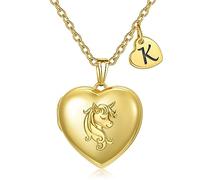 YOUFENG Heart Letter Unicorn Locket Necklace Initial Locket that Holds Pictures 18K Gold Plated Locket Birthday Gifts, Stainless Steel, Zircon